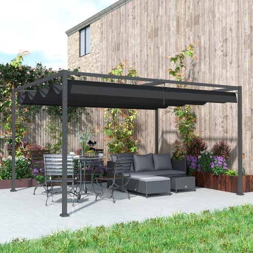 Outsunny 4 x 3(m) Metal Outdoor Pergola with Retractable Roof, Outdoor Gazebo Canopy Shelter with Drainage Holes for Garden, Patio, Lawn, Black