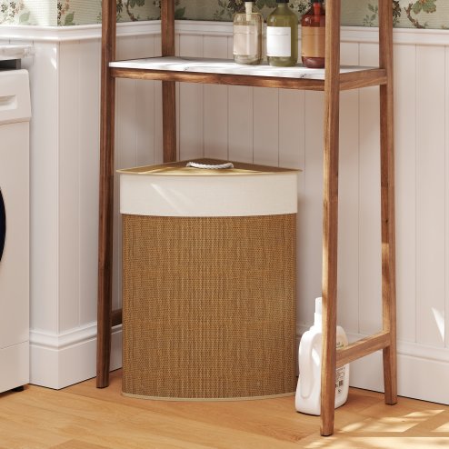 HOMCOM Bamboo Laundry Basket with Lid, 55L Corner Laundry Hamper with Removable Washable Liner Bag, Bathroom Triangle Washing Basket, 35 x 35 x 60 cm
