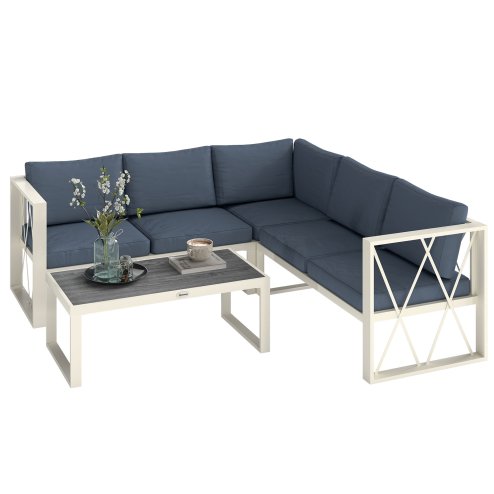 Outsunny 4 Piece L Shaped Garden Furniture Set with 5-Level Adjustable Lounger, 5 Seater Sectional Outdoor Sofa Set with 2 Loveseats, Corner Chair, DPC Coffee Table and Removable Thick Cushions, Grey