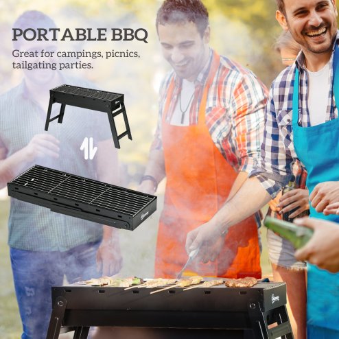 Outsunny Portable Charcoal Grill with Pull-Out Charcoal Basin, Folding Tabletop Barbecue, Compact Camping BBQ, Galvanised Metal, 73 x 20 x 35 cm, Black