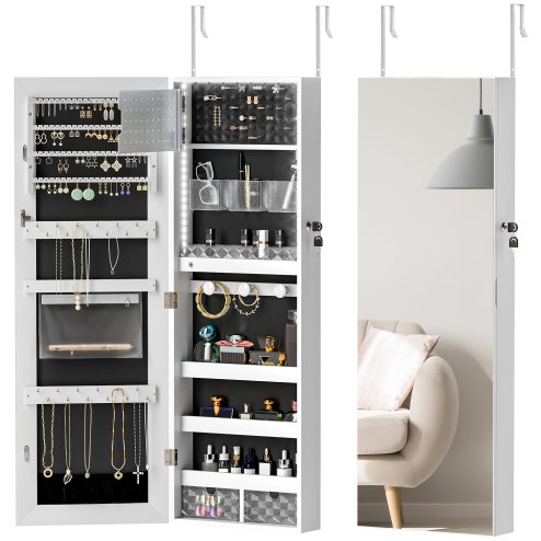 HOMCOM Jewellery Cabinet with LED Lights, Door Hanging or Wall Mounted Full Length Mirror with Storage, Lockable Jewellery Organiser, White Surface and Black Lining