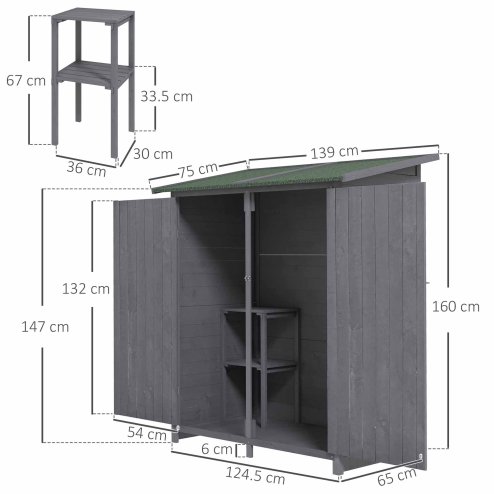 Outsunny Small Shed, Wooden Garden Shed with Flexible Table, Hooks and Ground Nails, Lockable Tool Shed with Asphalt Roof, 140 x 75 x 157cm, Grey