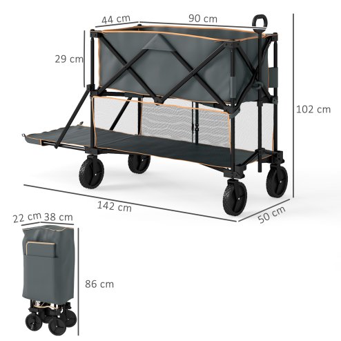 Outsunny Double Decker Folding Trolley on Wheels, 200KG & 350L Capacity Collapsible Wagon Festival Trolley Cart with 134cm Extended for Camping Sports Shopping Garden and Beach, Grey