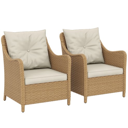 Outsunny Rattan Garden Chairs Set of 2, Outdoor Rattan Chairs with Cushions, Armrests and High Back, PE Wicker Garden Armchair with Steel Frame for Balcony, Porch, Beige