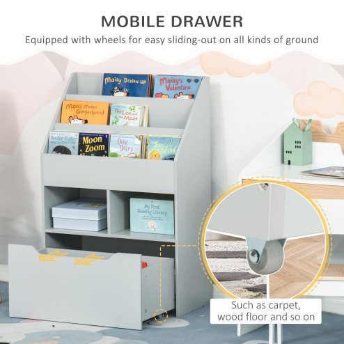 HOMCOM Kids Bookshelf with Storage Drawer, Children's Bookcase with Wheels, Toy Organiser for Bedroom, Playroom - Grey