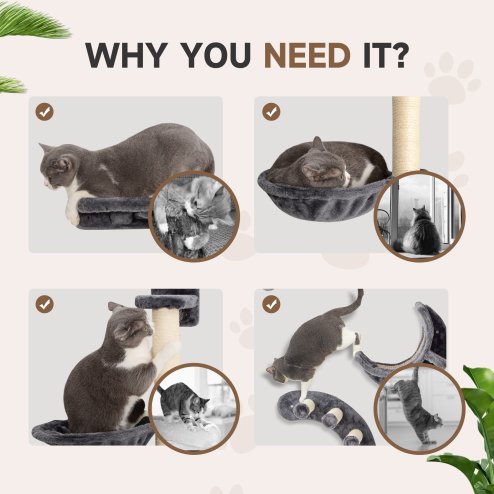 PawHut 4 Piece Cat Shelves, Cat Wall Furniture with Hammock, Scratching Posts, Soft Ladder, Steps, Jump Platforms, for Indoor Kittens - Dark Grey
