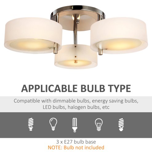 HOMCOM Acrylic Lamp Indoor 3 Light Pendant Chandelier Flush Mount Office Living Room Bedroom w/ Chrome Finish