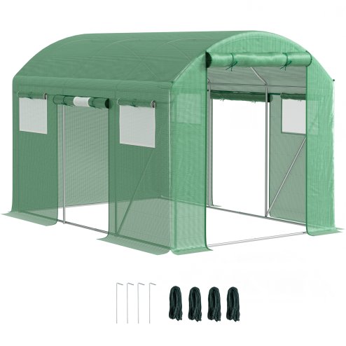 Outsunny 3 x 2 x 2m Polytunnel Greenhouse with 3 Roll-up Doors and Mesh Windows, Walk-in Garden Tunnel Warm House Tent with UV-resistant PE Cover and Galvanised Steel Frame, Green
