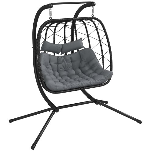 Outsunny Outdoor PE Rattan 2 Seaters Swing Chair with Thick Padded Cushion, Patio Hanging Egg Chair with Metal Stand, Headrest, for Indoor and Outdoor, Black Image