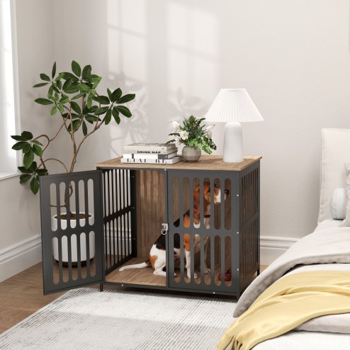 PawHut Dog Crate Furniture, Dog Cage Side End Table Indoor with Anti-Chew Resistant Mesh, Anti-Escape Door, for Medium Dogs, 80 x 55 x 72 cm, Walnut Brown