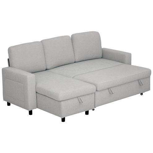 HOMCOM Sofa Bed with Storage, Convertible L Shaped Corner Sofa, 3 Seater Pull Out Sofa Bed with Reversible Chaise, Side Pockets for Living Room, Bedroom, Small Spaces, Light Grey