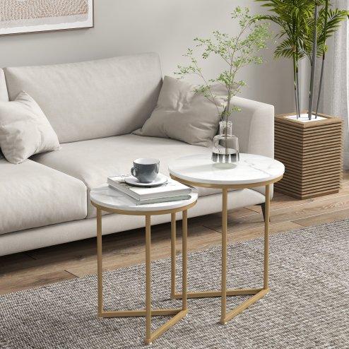 HOMCOM Nesting Coffee Table Set of 2, Modern Nest of Tables, Round Sofa Side Tables with Metal Frame for Living Room, Bedroom, Small Space, Gold Tone Image