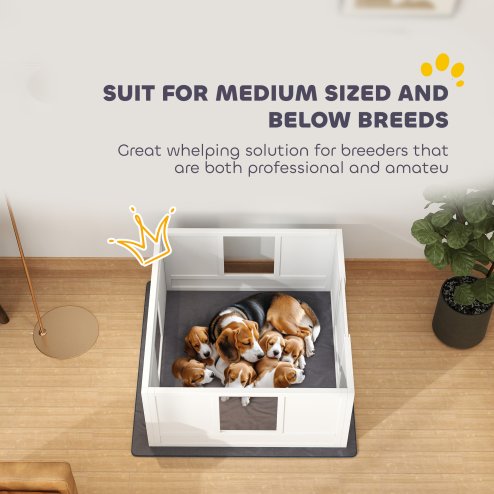PawHut Whelping Box for Dogs, Dog Whelping Box, Dog Playpen Fence Exercise Play Pen with Water-Resistant Washable Whelping Pad, Adjustable Entrance, Non-Slip Pads, for Medium Dogs, Puppies, 100 x 96cm