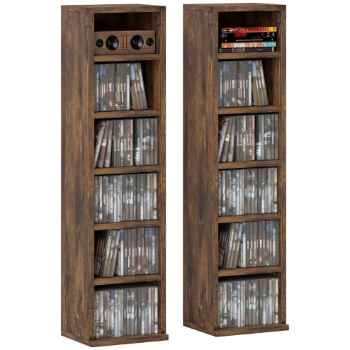 HOMCOM 204 CD Media Display Shelf Unit Set of 2 Blu-Ray Tower Rack w/ Adjustable Shelves Bookcase Storage Organiser, Rustic Brown