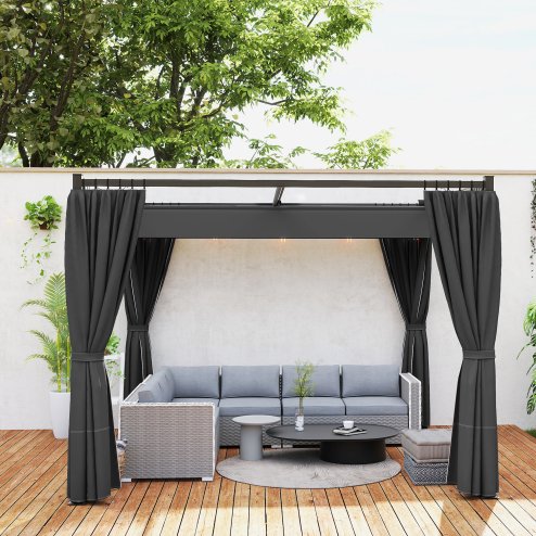 Outsunny 3 x 3(m) Pergola with Retractable Roof Canopy and Curtains, Metal Frame Garden Gazebo Outdoor Sun Shade Shelter for Grill, Patio, Deck, Charcoal Grey