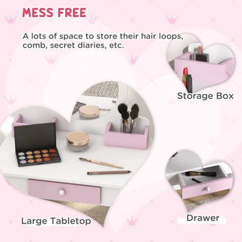 ZONEKIZ Kids Dressing Table Kids Vanity Table Girls Dressing Table with Mirror and Stool, Drawer, Storage Boxes, Unicorn Design, for Toddles Ages 3-6 Years - White and Pink
