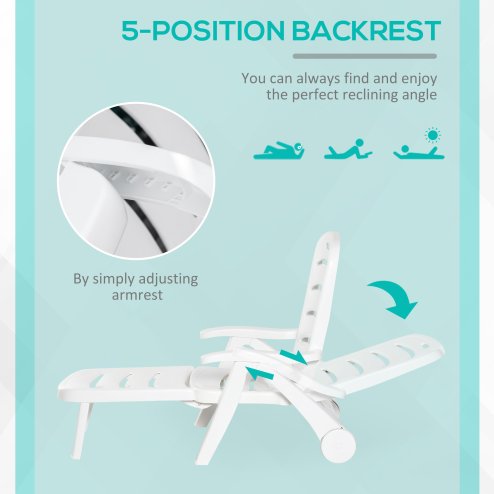 Outsunny Folding Sun Lounger with Wheels, 5-Position Adjustable Outdoor Deck Chair Furniture, Garden Beach Patio Pool Lounger Recliner Seat, White