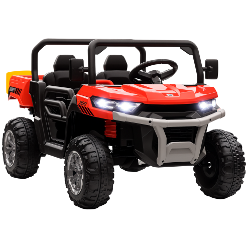 HOMCOM 2 Seater Kids Ride On Car with Electric Bucket, 12V Battery Powered Electric UTV with Shovel, Parental Remote, 4 Spring Suspension Wheels, Working Horn, Music - Red