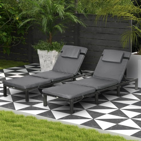 Outsunny Rattan Sun Lounger Set of 2, 5-Level Adjustable Garden Lounger Recliner with Cushion and Headrest, Outdoor Reclining Sunbed, Steel Frame Garden Chair for Patio, Beach, Terrace, Dark Grey