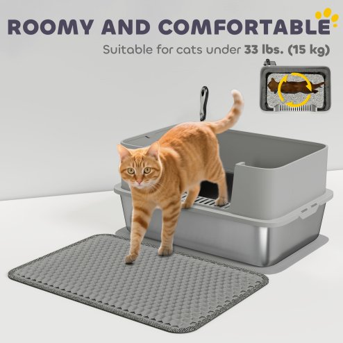 PawHut Stainless Steel Litter Box, High Sided Cat Litter Tray with Metal Scoop, Mat, Never Absorbs Odors, Anti Leakage & Easy to Clean, Pet Toilet for Big Cats, Grey