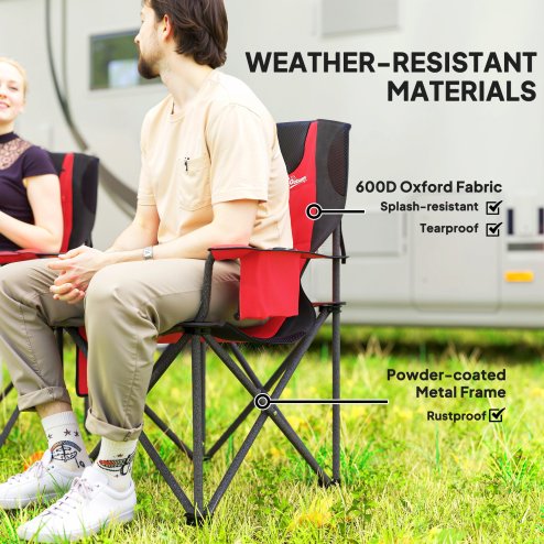 Outsunny Set of 2 Folding Camping Chairs, Padded Camping Chairs with Adjustable Armrests, Portable & Lightweight Folding Camp Chair with Cooler Bag, Cup Holder and Side Pockets, Red