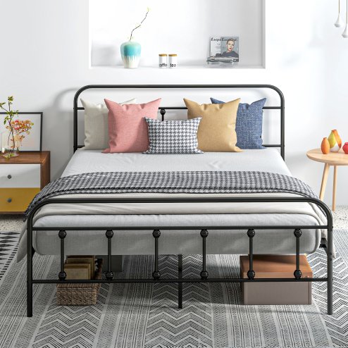 HOMCOM 4ft6 Double Bed Frame with Underbed Storage, Metal Platform Bed frame with Tall Headboard, Footboard and Steel Slat Support, No Box Spring Needed, Easy Assembly, Black