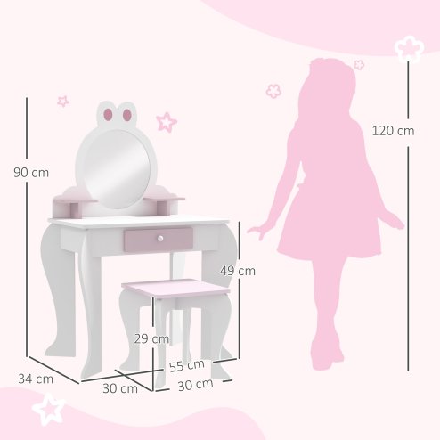 ZONEKIZ Kids Dressing Table with Mirror and Stool , Kids Vanity Table Girls Dressing Table with Drawer, Storage Shelf, Rabbit Design, for Ages 3-6 Years - White and Pink