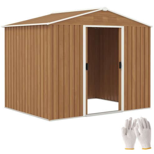 Outsunny 7.7 x 5.7ft Metal Garden Shed with Ventilation Slots and Sliding Doors, Galvanised Outdoor Tool Storage House, Brown Wood Effect