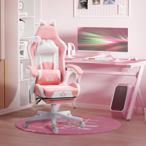 HOMCOM Gaming Chair for Adults with Cat Ears, Faux Leather Reclining Computer Chair with Footrest, Lumbar Support and Headrest, Height Adjustable Swivel Seat, Pink