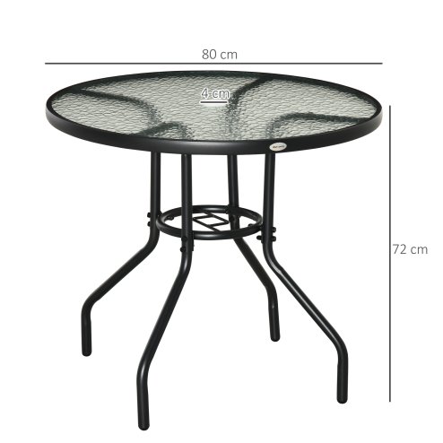 Outsunny 80 cm Round Dining Table with Parasol Hole, Outdoor Coffee End Side Table with Tempered Glass Top, Steel Frame for Garden, Black