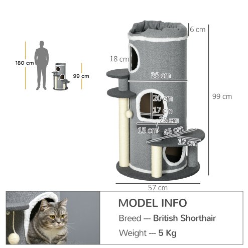 PawHut Cat Tree for Indoor Cats, 3 Tier Cat Tower Barrel Shaped with Sisal Scratching Posts, Cat Bed, Platforms, Hanging Ball, Grey