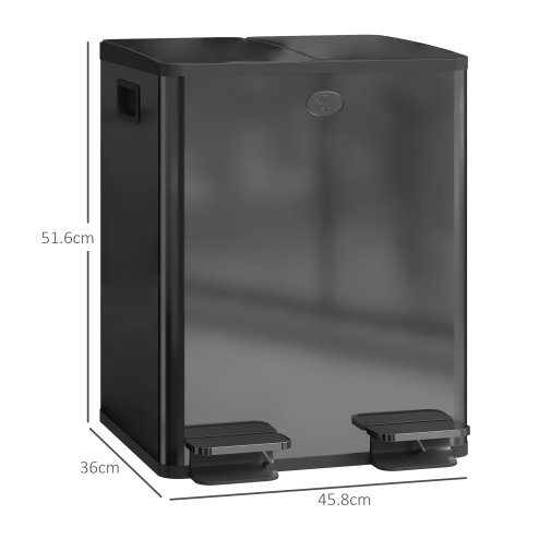 HOMCOM Dual Kitchen Bin, 2 x 20L Stainless Steel Double Rubbish Bin with Soft Close Lid, Removable Inner Buckets, Fingerprint-Proof for Recycling and Waste