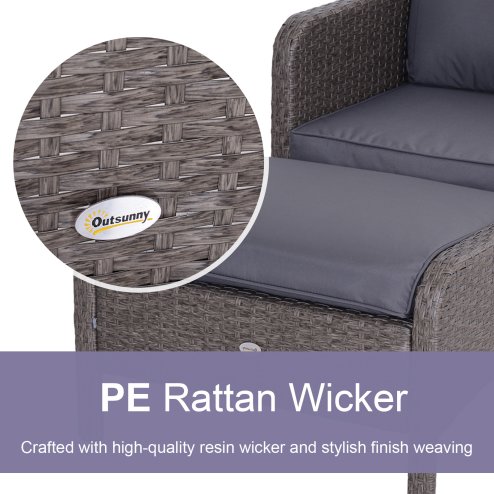 Outsunny 5 Pieces PE Rattan Garden Furniture Set with 10cm Thick Padded Cushions, Wicker Weave Outdoor Seating Chairs with 2 Armchairs, 2 Stools, Glass Top Table, Grey