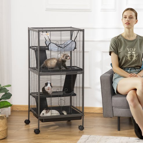 PawHut Small Animal Cage with Wheels Pet Home for Chinchillas Ferrets Kittens, with Hammock, 4 Platforms, Removable Tray, Silver Image