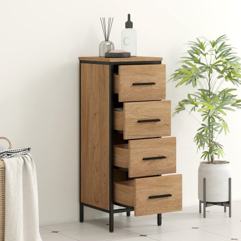 HOMCOM Narrow Bathroom Storage Cabinet, Industrial Slim Bathroom Storage Unit with 4 Drawers and Steel Frame for Small Spaces, 30 x 30 x 82 cm, Oak
