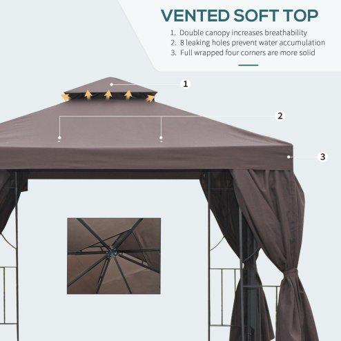 Outsunny 3 x 3 m Garden Gazebo Double-Roof Marquee Patio Wedding Party Tent Canopy Shelter with Sidewalls (Brown)