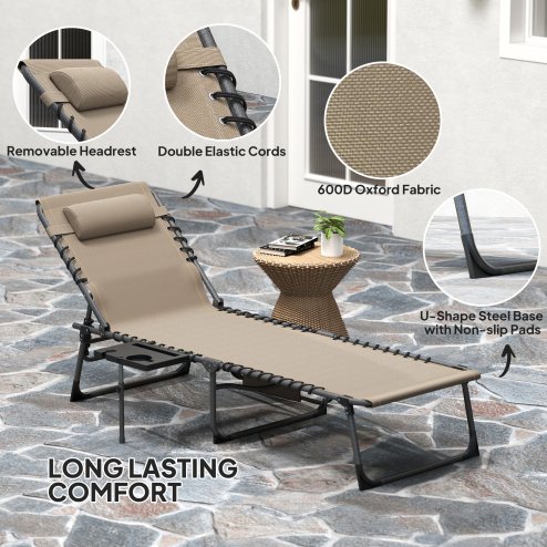 Outsunny Folding Sun Lounger with Side Table, 5-Level Adjustable Reclining Sun Lounger Chair, Portable Garden Recliner Sunbed with Side Pocket, Head Pillow for Patio, Beach, Beige