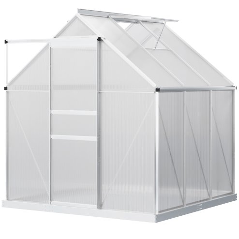Outsunny Polycarbonate Greenhouse, Small Greenhouse with Adjustable Roof Vent, Garden Green House with Galvanised Base, Sliding Door and Rain Gutter, 190 x 190 x 200 cm, Silver Tone
