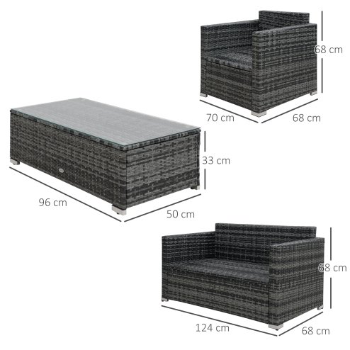 Outsunny 4 Pieces Outdoor PE Rattan Sofa Set with Cushions, Patio Wicker Conversation Furniture Set with Glass Top Coffee Table, Mixed Grey