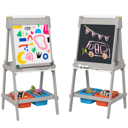 AIYAPLAY Art Easel for Kids with Paper Roll, Double-Sided Painting Easel with Chalkboard, Whiteboard, Eraser, Storage Boxes Image