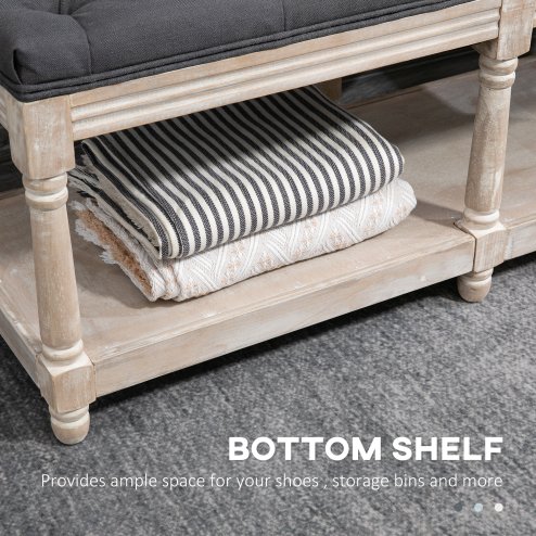 HOMCOM 2-Tier Bed End Bench, Vintage Stool, Wooden Window Seat with Storage Shelf, Button Tufted Upholstered Footstool for Living Room, Bedroom, Entryway, Grey