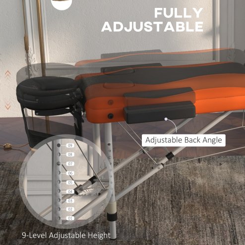 HOMCOM Foldable Massage Bed Portable Table, 3-Section Aluminium Foldable Beauty Couch, Professional Salon Spa Table with Headrest Support and Carry Bag, 60 cm Width, Black and Orange