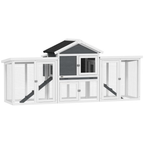PawHut Large Chicken Coop with Run Garden Hen House Poultry Coops Cages with Nesting Box Wooden 204 x 85 x 93cm, Grey
