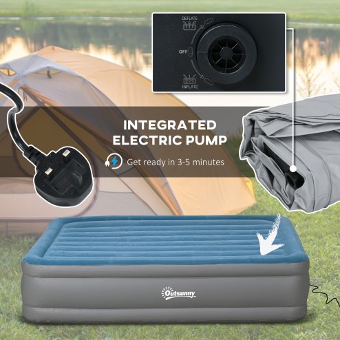 Outsunny King Size Air Bed with Built-in Pump, Inflatable Mattress with Carry Bag, Flocked Surface, Blow Up Airbed for Guest, Camping, Travel, 203 x 152 x 46cm, Blue and Grey