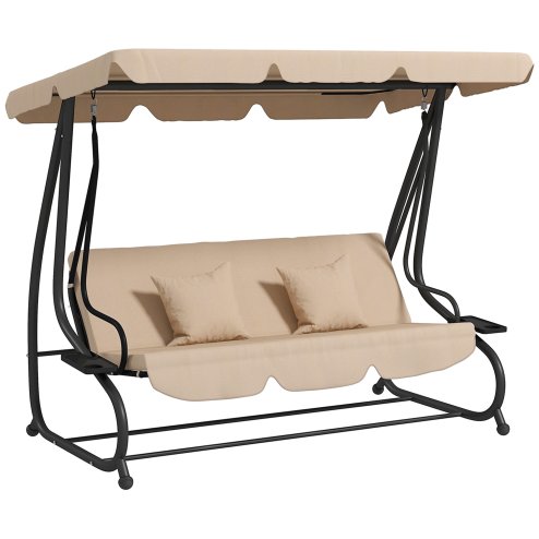 Outsunny 2-in-1 Garden Swing Seat Bed, 3 Seater Convertible Swing Chair Bench with Tilting Canopy, Cushioned Seat and 2 Pillows for Patio, Garden, Light Brown