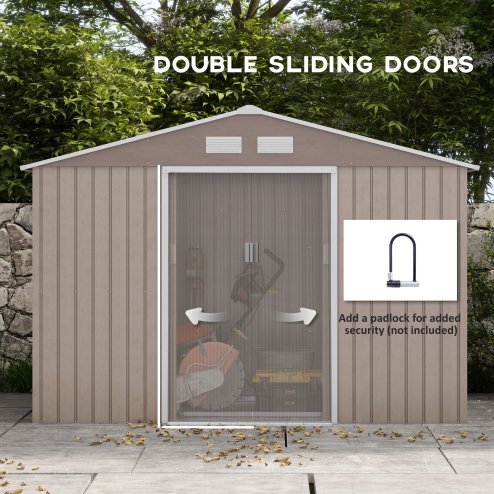 Outsunny 9 x 6ft Metal Garden Shed, Outdoor Storage Tool House with Ventilation Slots, Foundation Kit and Lockable Double Doors, Light Brown