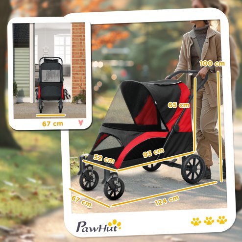 PawHut Dog Stroller, Easy Folding Pet Stroller for Large Dogs, Puppy Pram Pet Pushchair with 4 Big Wheels, Shock-Absorbing Frame, Safety Leashes, Brakes, Red/Black