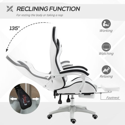 Vinsetto Computer Gaming Chair, PU Leather Office Desk Chair with Footrest, Swivel Wheels, 135?? Reclining Back, Lumbar Support, Headrest for Home, White and Black