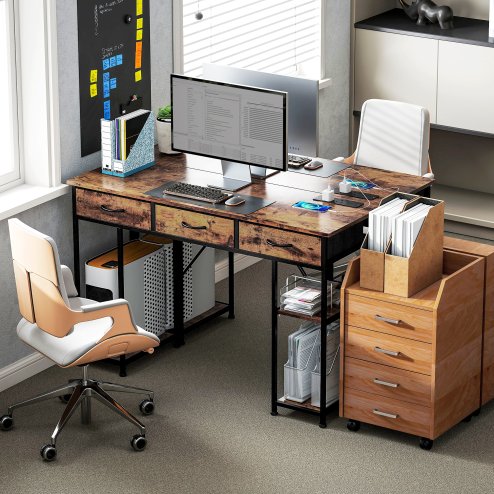 HOMCOM Computer Desk with Power Outlets, 120cm Home Office Desk with 3 Fabric Drawers and 4 Storage Shelves, Study Table Workstation for Bedroom