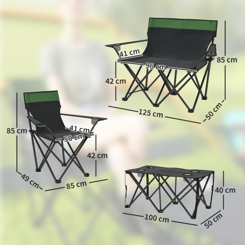 Outsunny 4 Piece Foldable Camping Table and Chairs Set, Portable Picnic Table with 3 Chairs, Cup Holders and Carrying Bag, Outdoor Lightweight Table Set for BBQ, Picnic, Parties, Olive Green